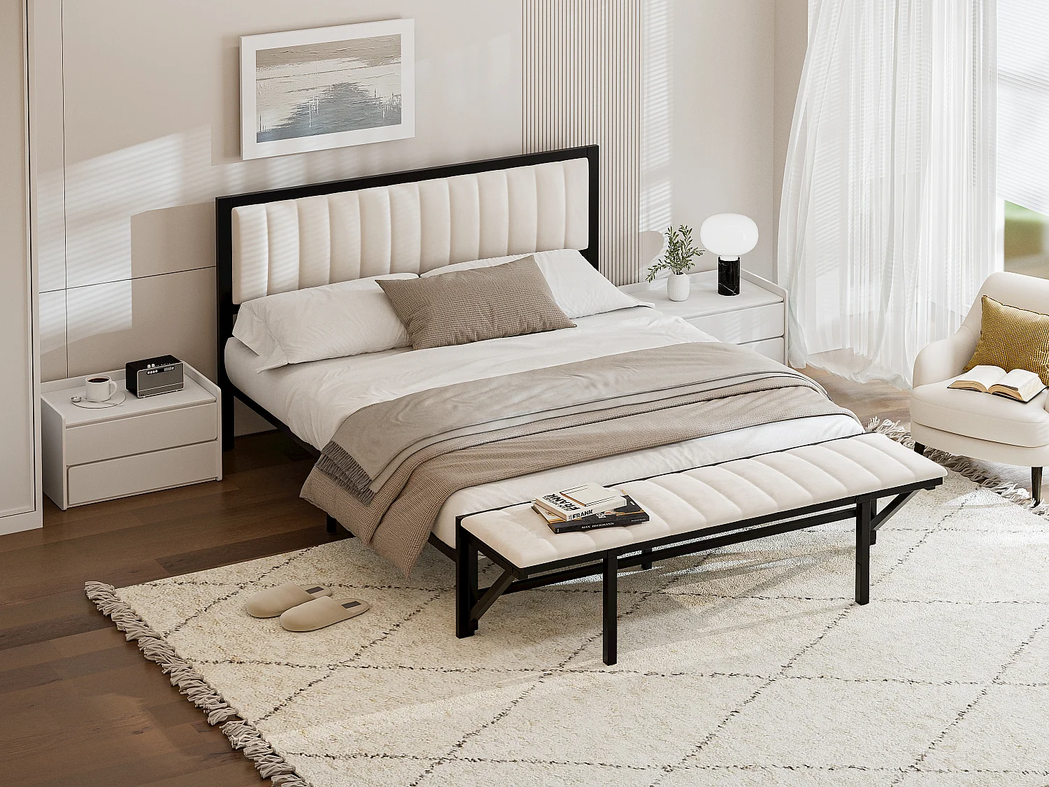 Bett mit Klappbank - 140 x 200 cm - Eisenbettgestell mit Stauraum - Samt - Beige