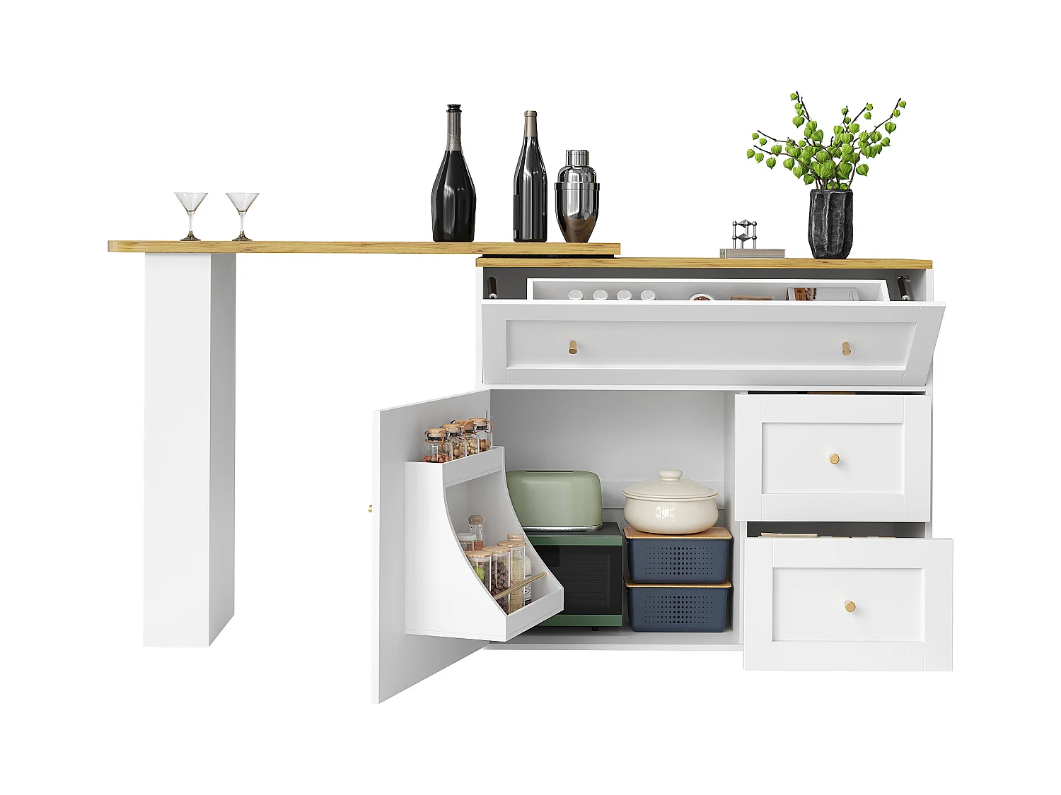 Uitschuifbare barkast - 138-204 x 39 x 105 cm - met snackplank + 2 lades + 2 deuren - MDF + Metaal - wit