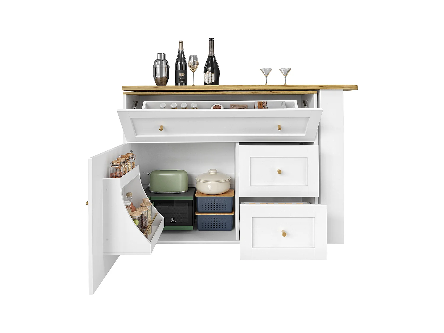 Uitschuifbare barkast - 138-204 x 39 x 105 cm - met snackplank + 2 lades + 2 deuren - MDF + Metaal - wit