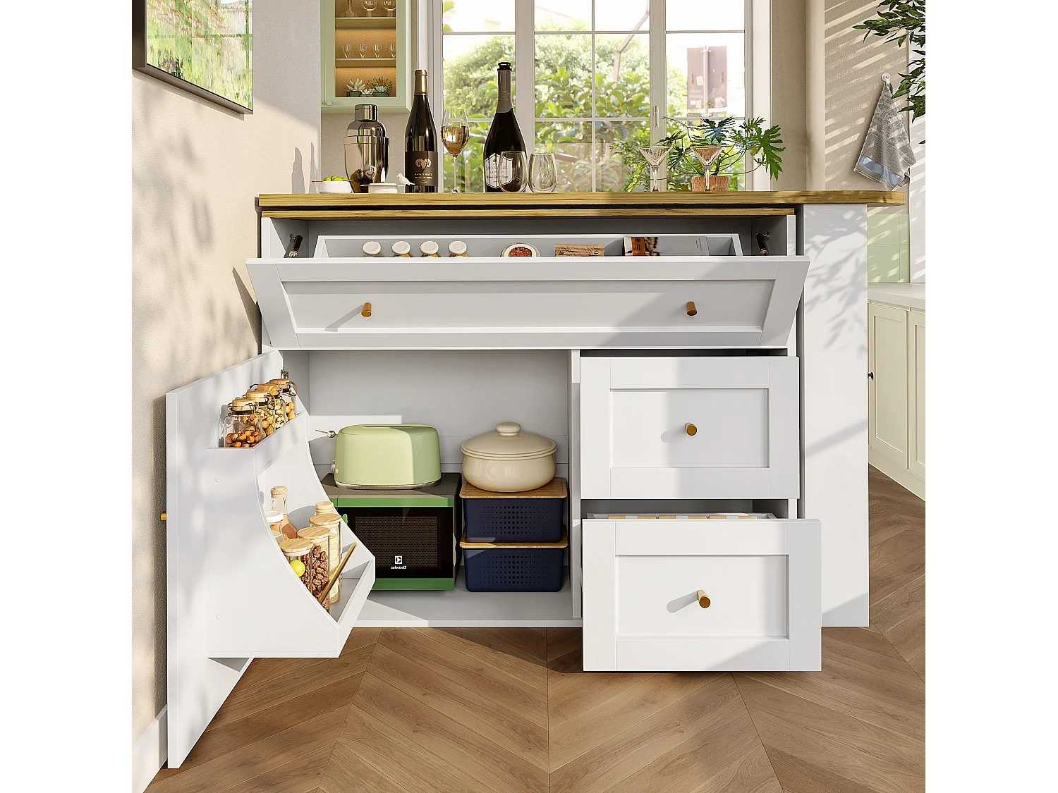 Meuble de bar extensible - 138-204 x 39 x 105 cm - avec étagère snack + 2 tiroirs + 2 portes - MDF + Métal - blanc
