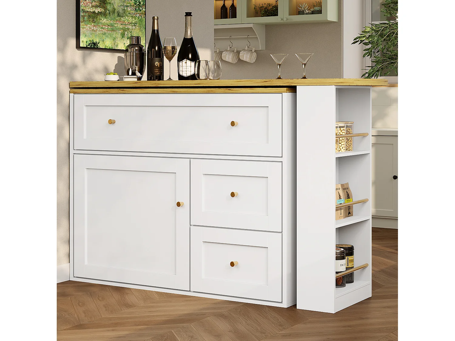 Meuble de bar extensible - 138-204 x 39 x 105 cm - avec étagère snack + 2 tiroirs + 2 portes - MDF + Métal - blanc