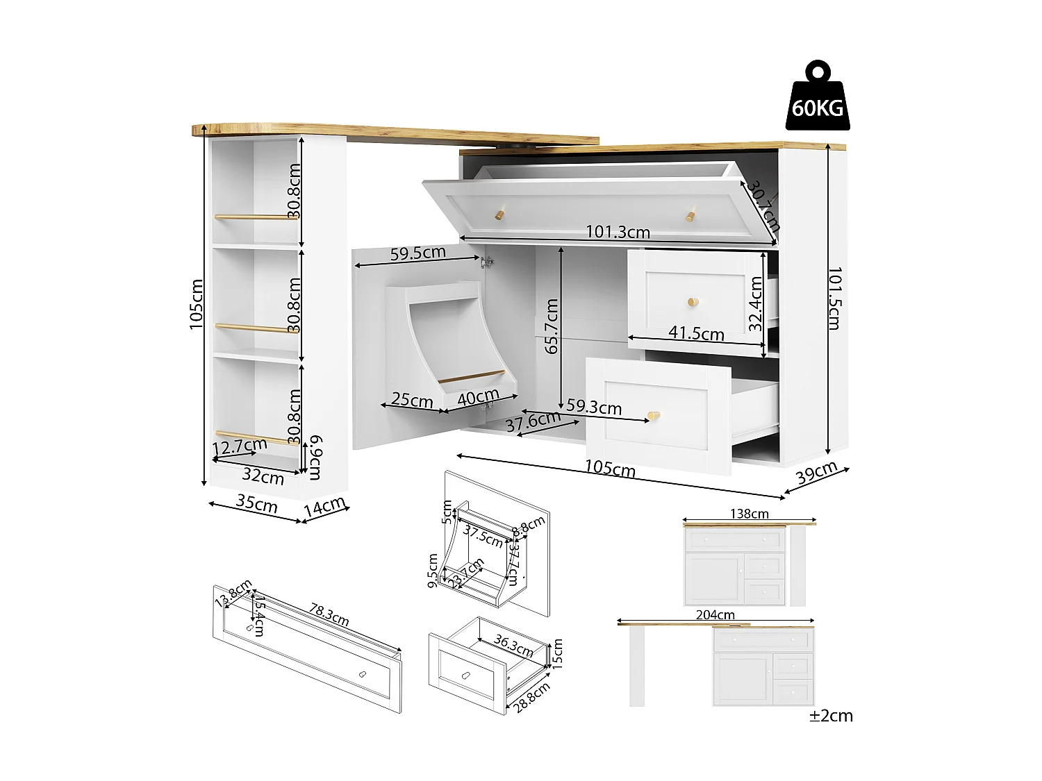 Meuble de bar extensible - 138-204 x 39 x 105 cm - avec étagère snack + 2 tiroirs + 2 portes - MDF + Métal - blanc