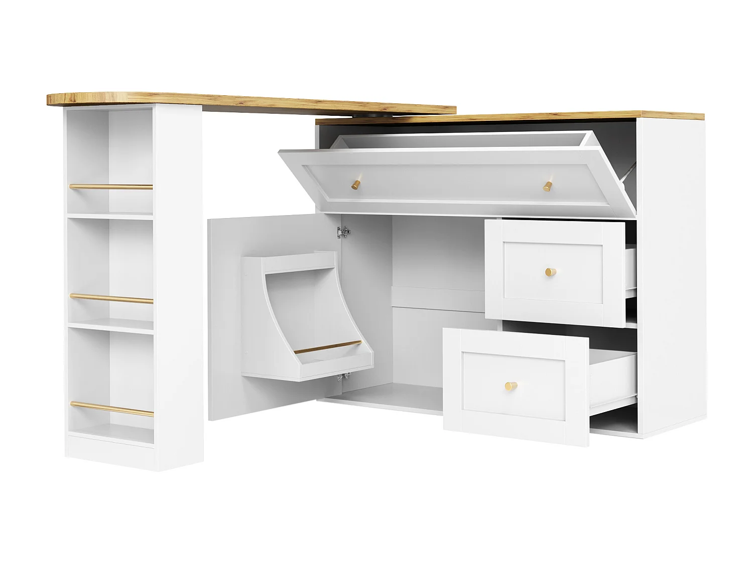 Meuble de bar extensible - 138-204 x 39 x 105 cm - avec étagère snack + 2 tiroirs + 2 portes - MDF + Métal - blanc