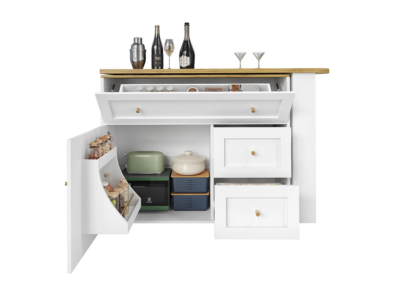 Meuble de bar extensible - 138-204 x 39 x 105 cm - avec étagère snack + 2 tiroirs + 2 portes - MDF + Métal - blanc
