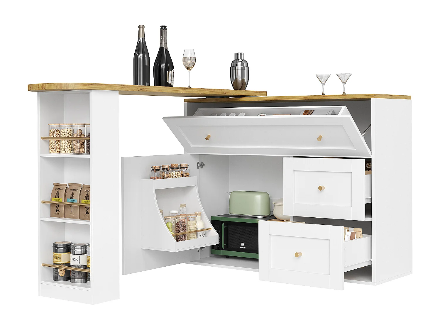 Meuble de bar extensible - 138-204 x 39 x 105 cm - avec étagère snack + 2 tiroirs + 2 portes - MDF + Métal - blanc