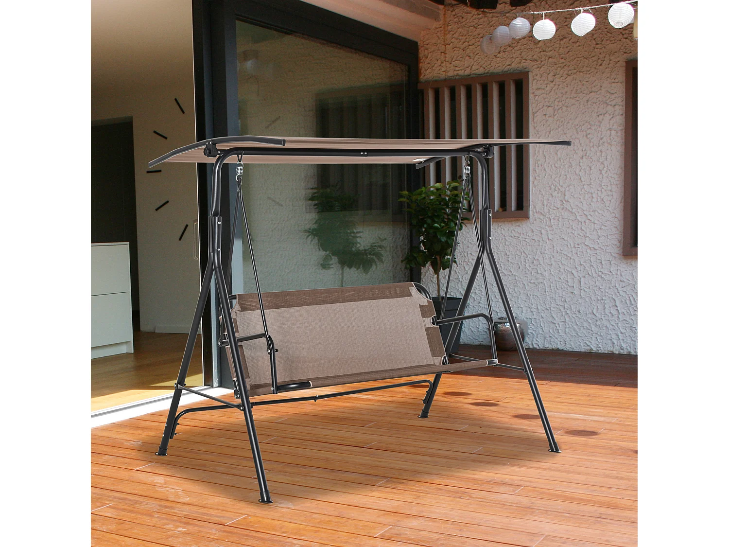 Banc balançoire 2 places avec toit réglable, métal, brun (172x110x155 cm)