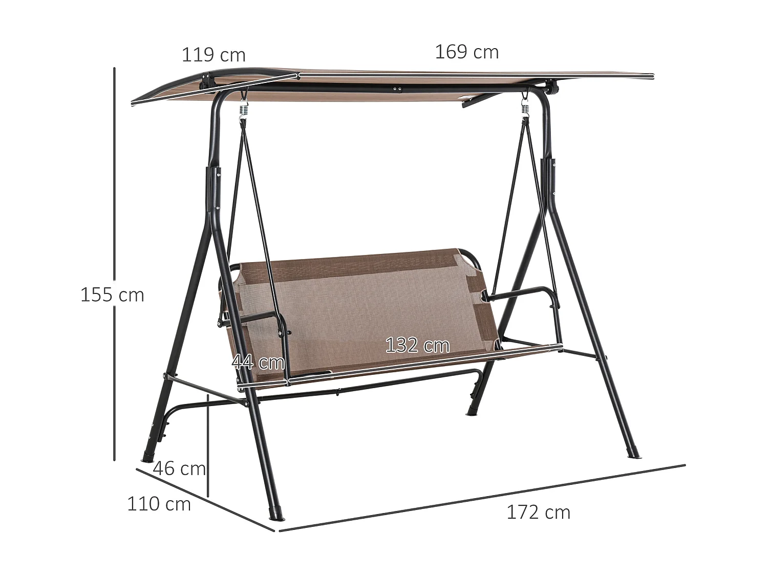 Banc balançoire 2 places avec toit réglable, métal, brun (172x110x155 cm)