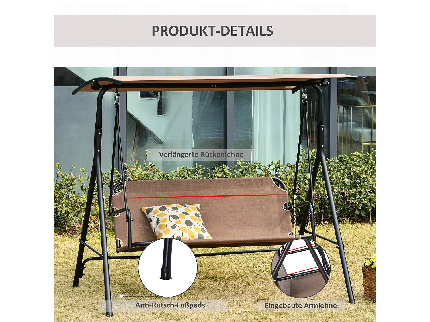 Banc balançoire 2 places avec toit réglable, métal, brun (172x110x155 cm)