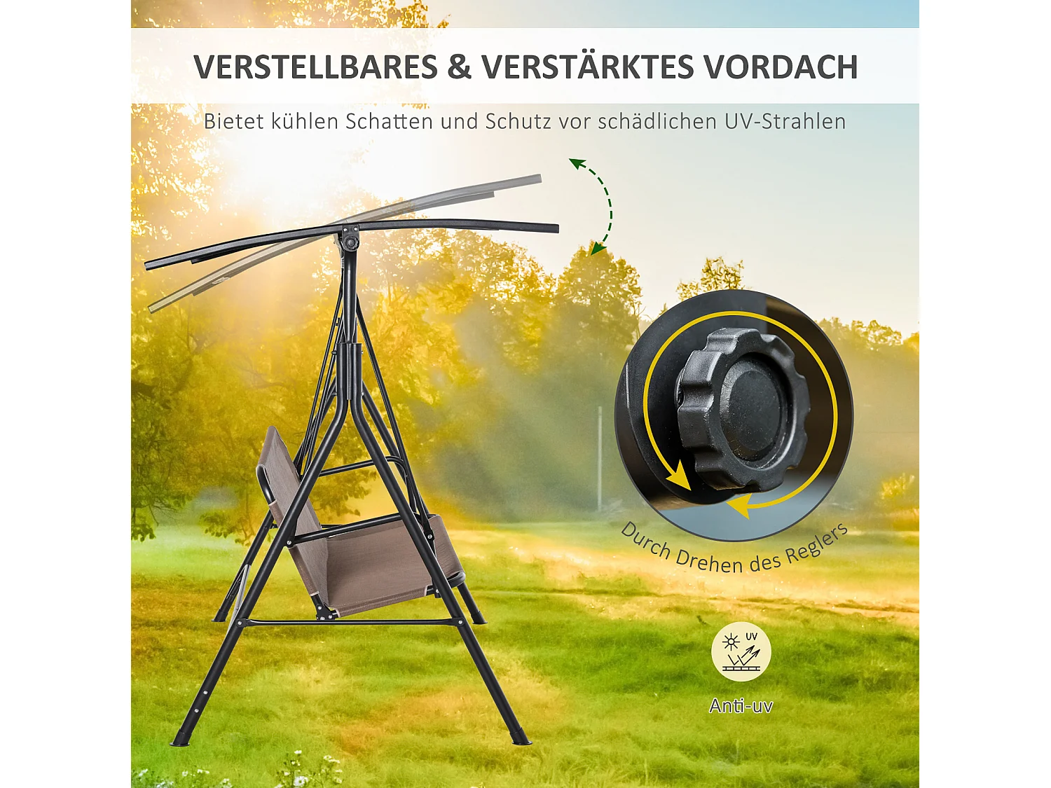 Banc balançoire 2 places avec toit réglable, métal, brun (172x110x155 cm)