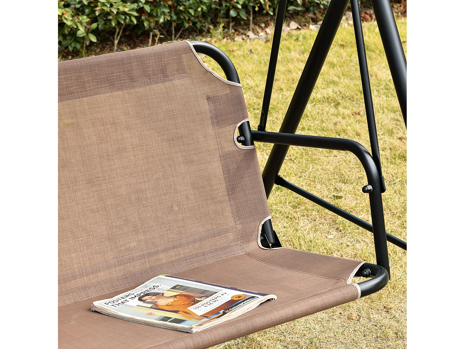 Banc balançoire 2 places avec toit réglable, métal, brun (172x110x155 cm)