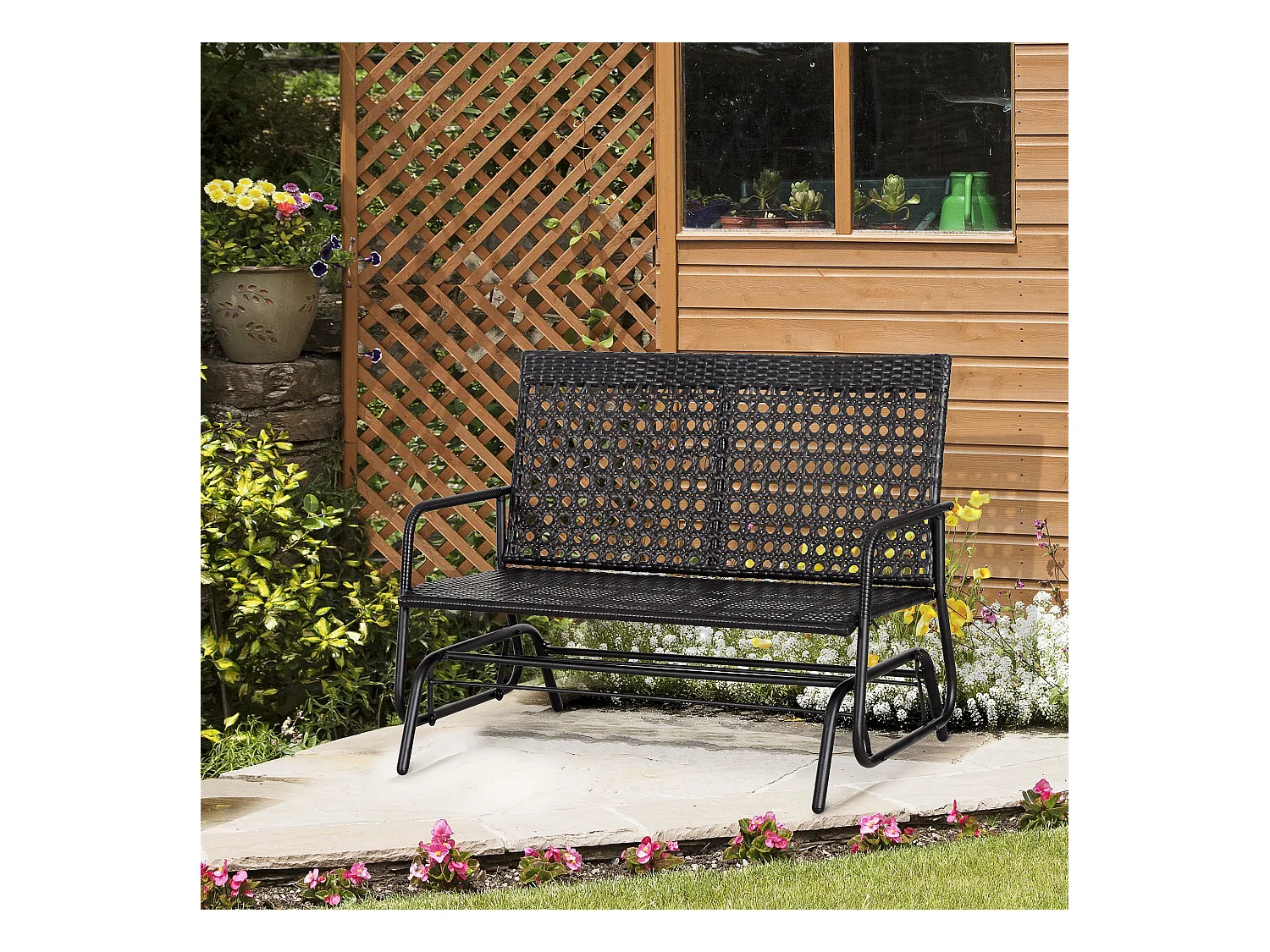 Banc balançoire 2 places en polyrattan, design élégant, noir (120x76x90cm)