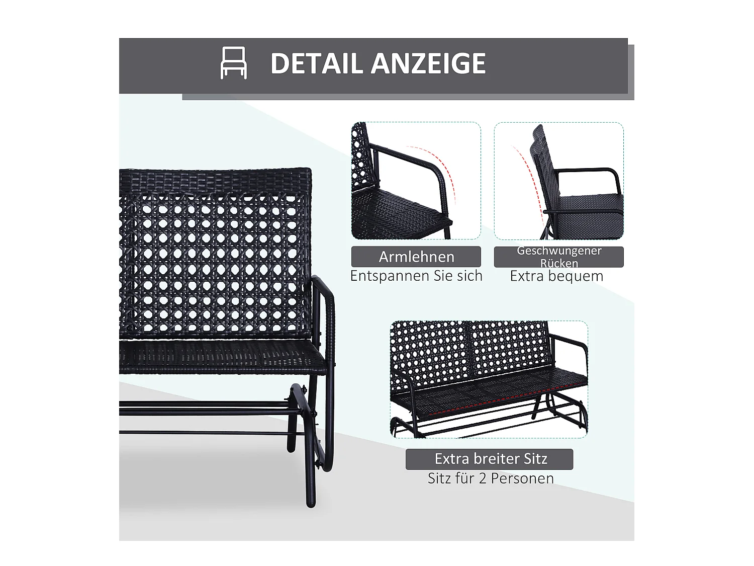 Banc balançoire 2 places en polyrattan, design élégant, noir (120x76x90cm)