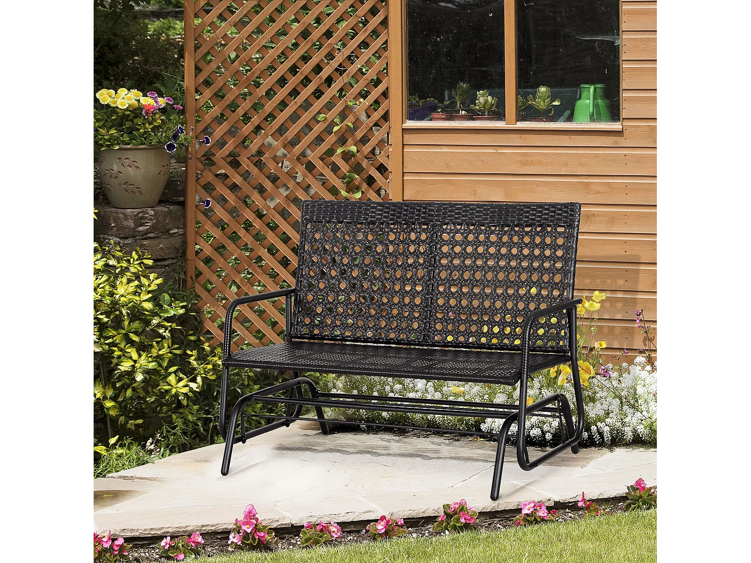 Banc balançoire 2 places en polyrattan, design élégant, noir (120x76x90cm)