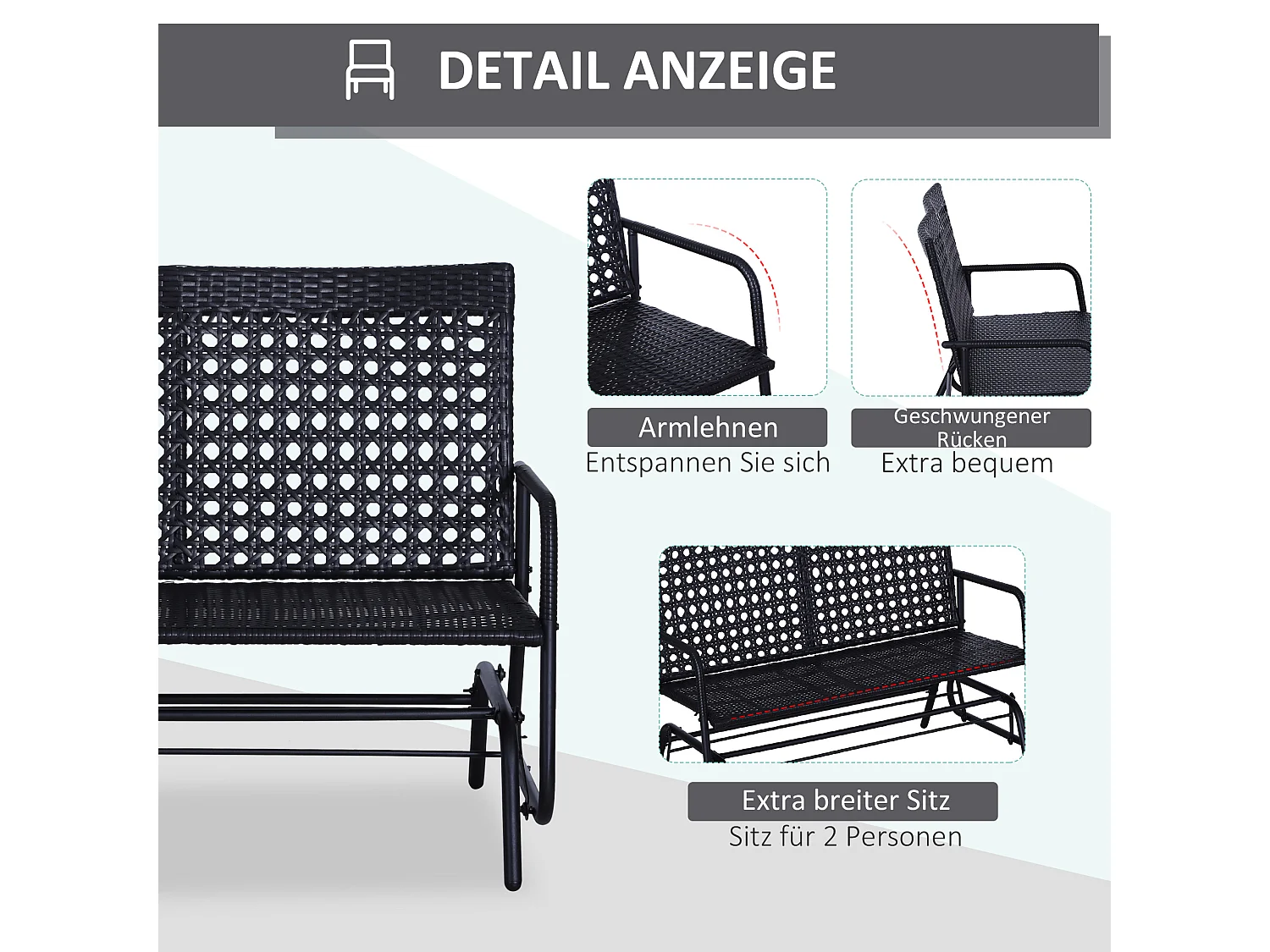 Banc balançoire 2 places en polyrattan, design élégant, noir (120x76x90cm)