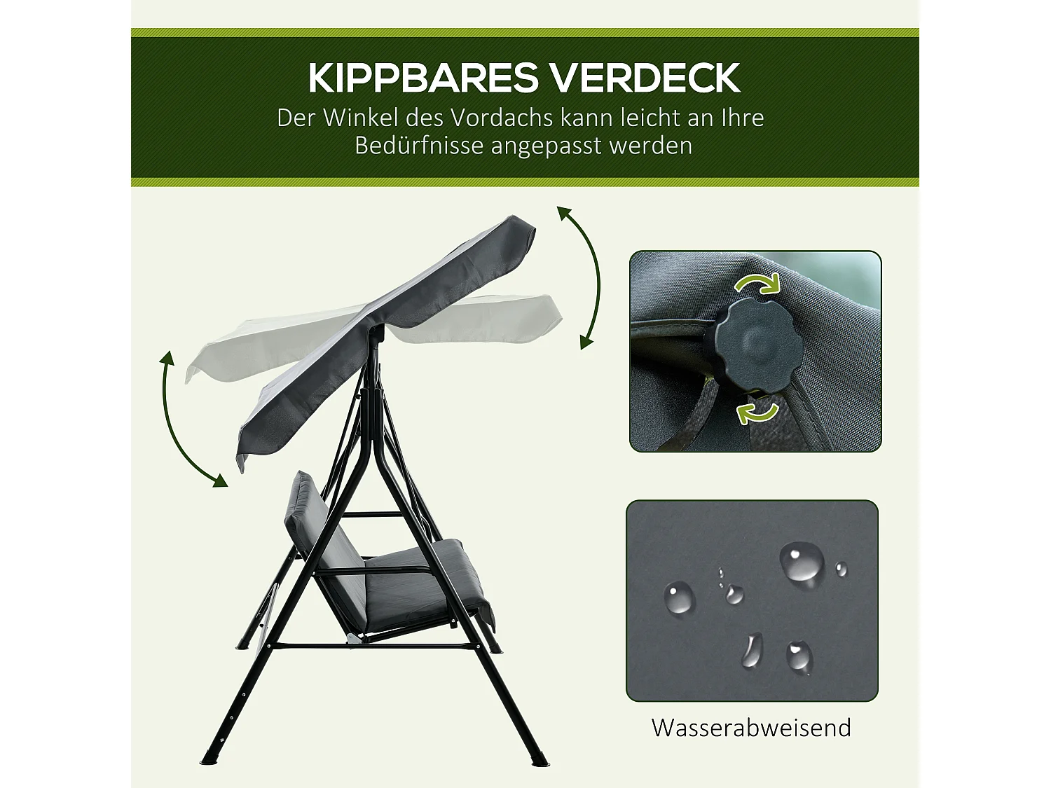 3-zits tuinschommel met kussen, metalen frame en verstelbaar dak, grijs (172x110x153 cm)