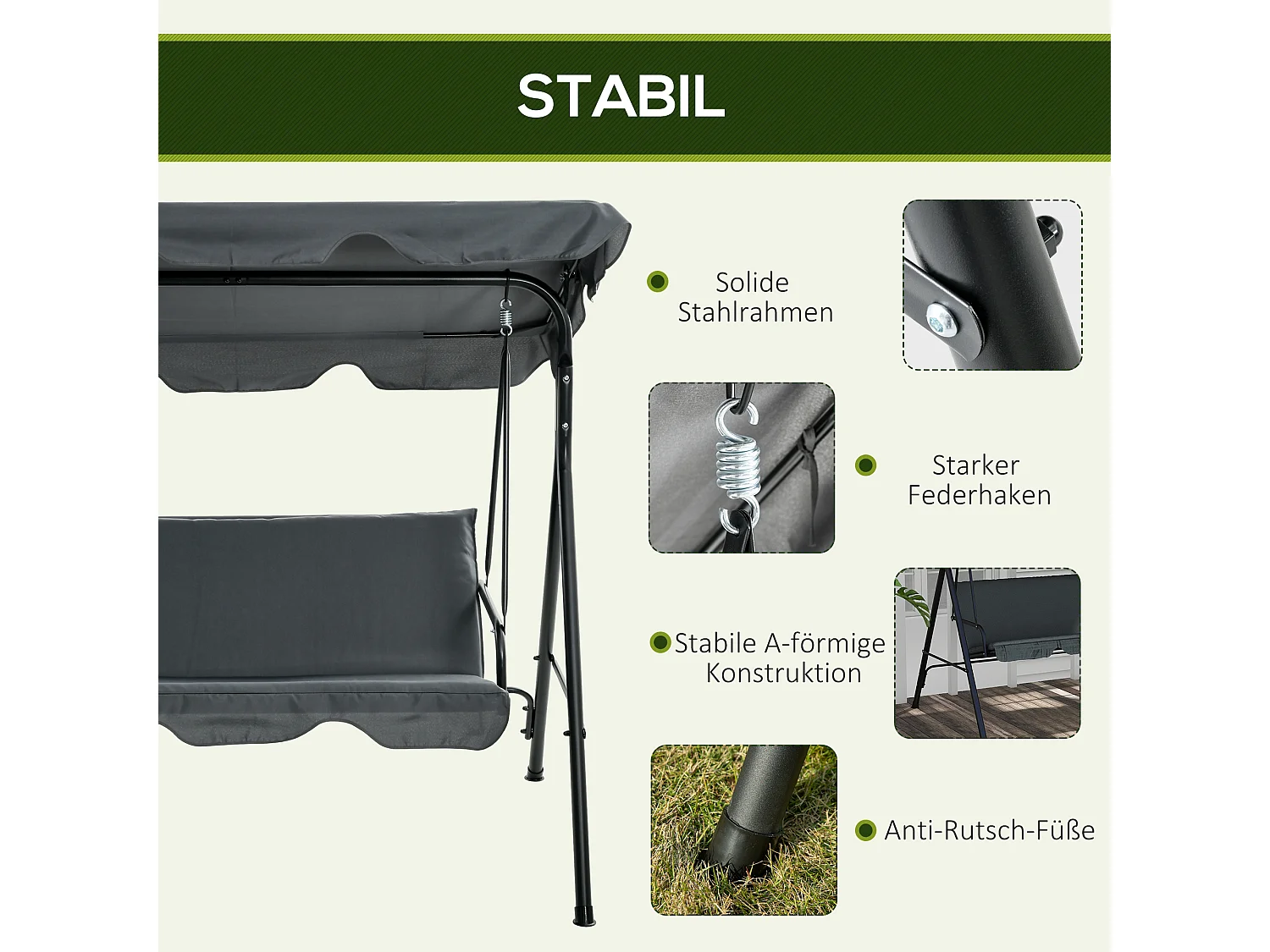 3-zits tuinschommel met kussen, metalen frame en verstelbaar dak, grijs (172x110x153 cm)