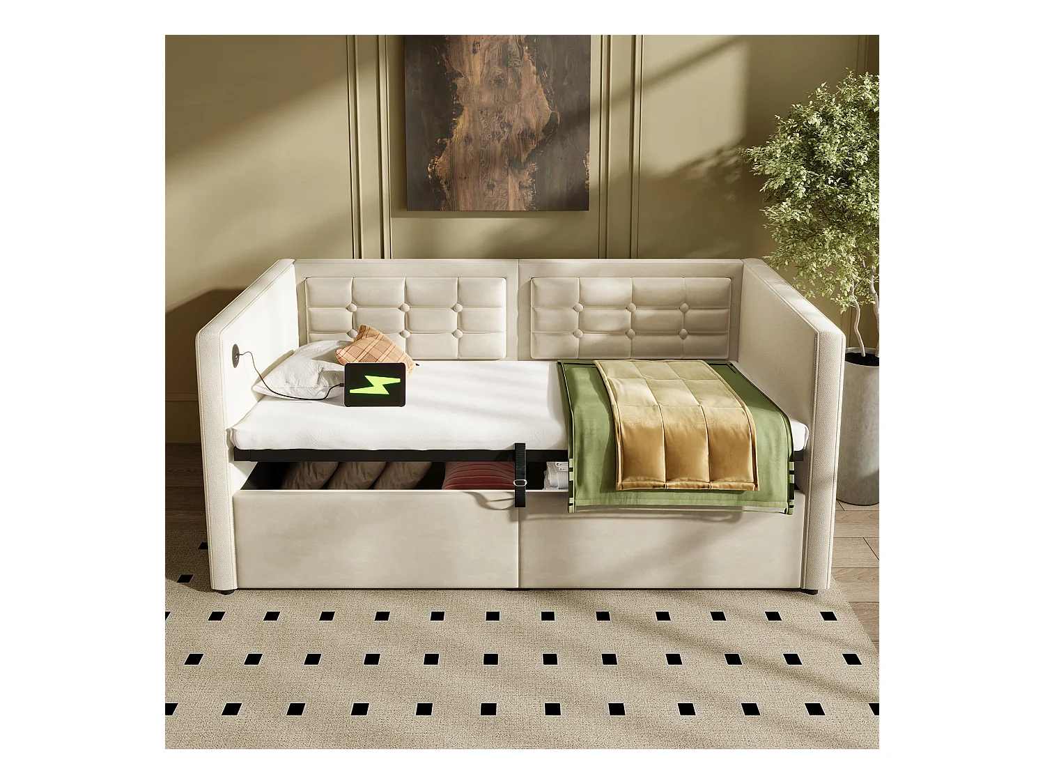 Canapé-lit avec Hydraulique, 90x200 cm, Tête de Lit en Velours, LED, Station de Charge USB + Type-C, Beige (215x106x75 cm)