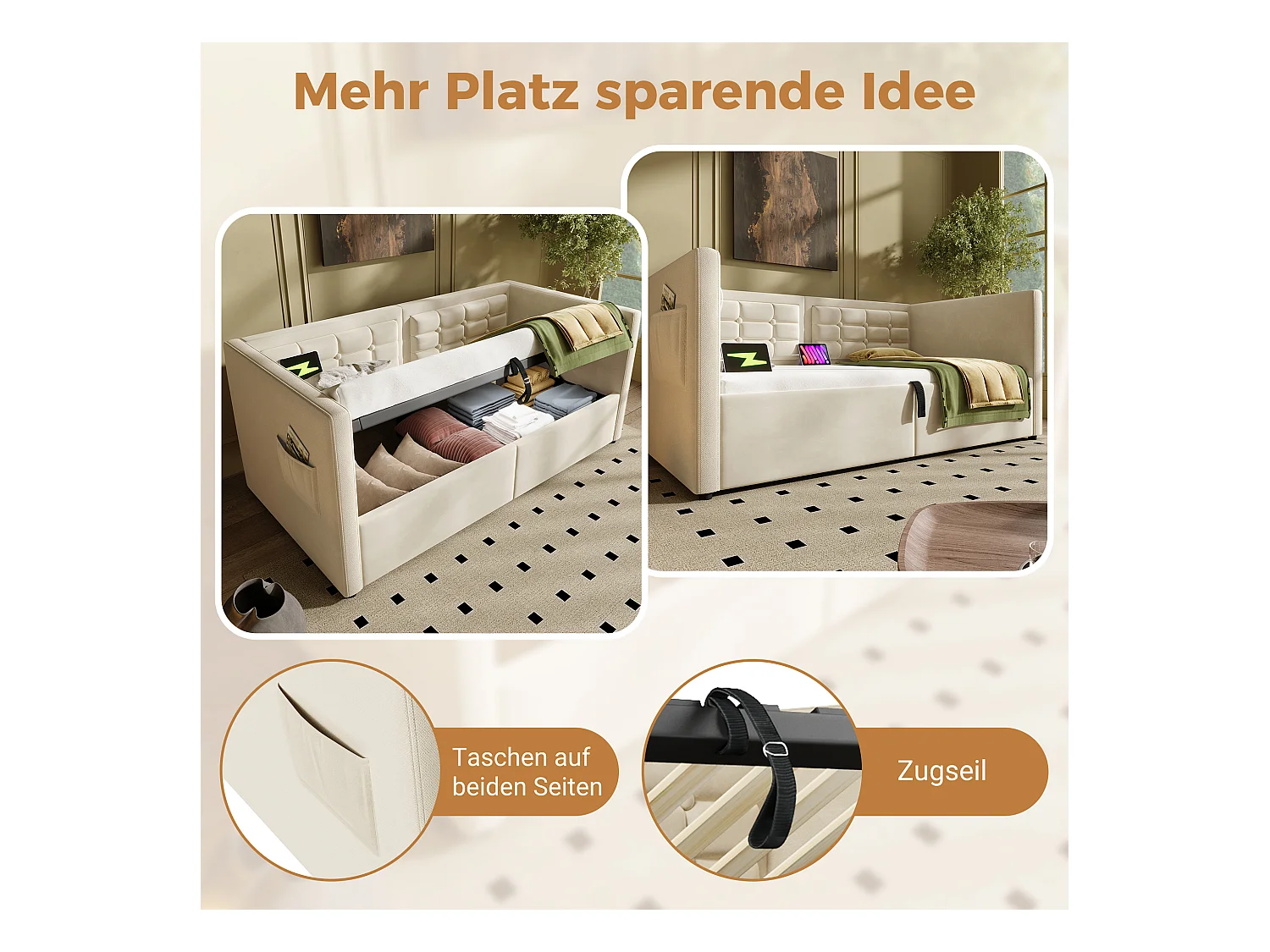 Canapé-lit avec Hydraulique, 90x200 cm, Tête de Lit en Velours, LED, Station de Charge USB + Type-C, Beige (215x106x75 cm)