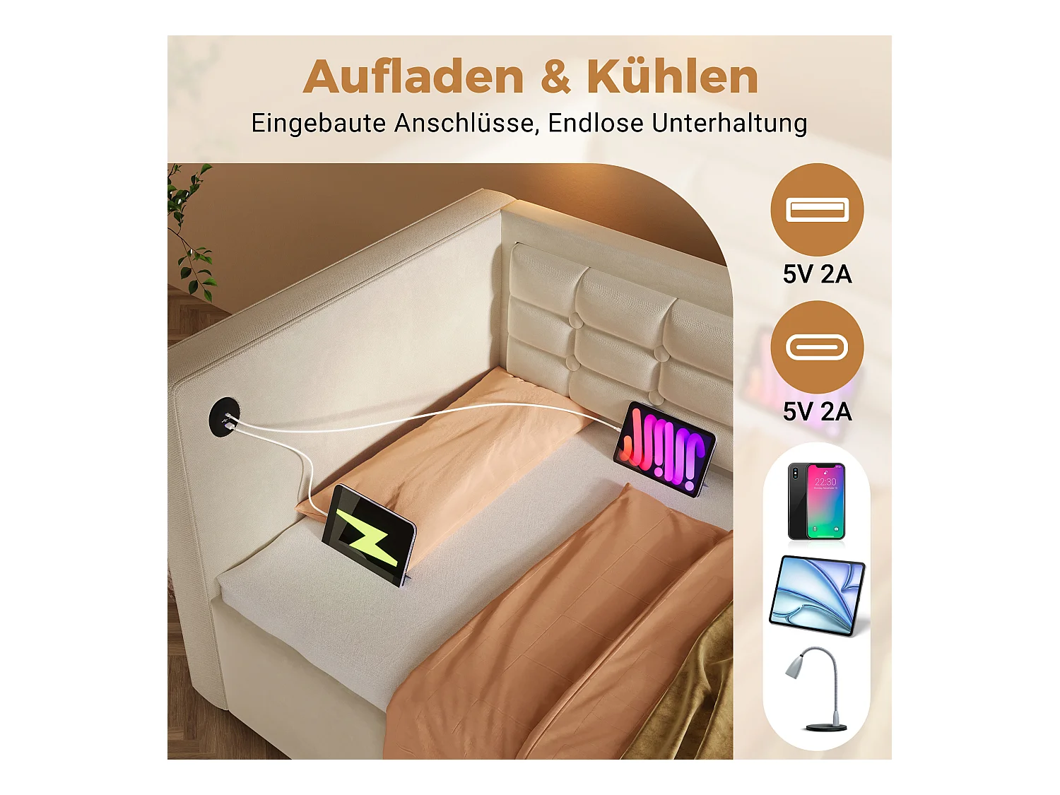 Canapé-lit avec Hydraulique, 90x200 cm, Tête de Lit en Velours, LED, Station de Charge USB + Type-C, Beige (215x106x75 cm)