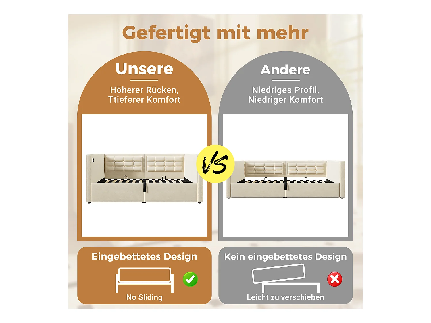 Canapé-lit avec Hydraulique, 90x200 cm, Tête de Lit en Velours, LED, Station de Charge USB + Type-C, Beige (215x106x75 cm)