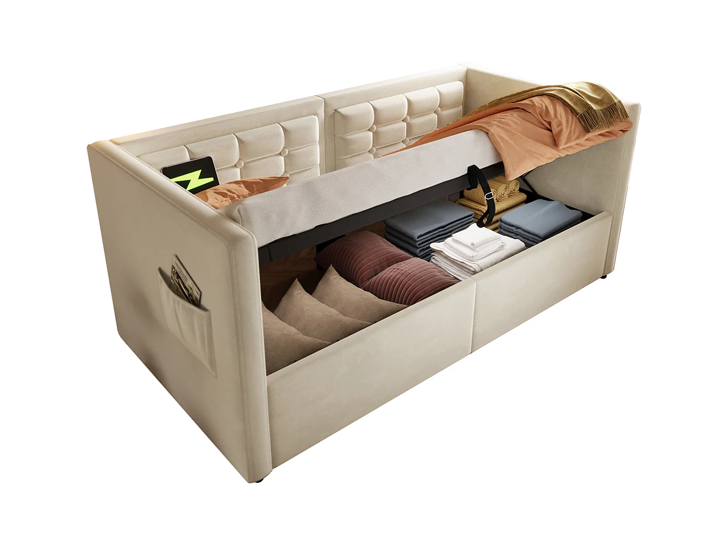 Canapé-lit avec Hydraulique, 90x200 cm, Tête de Lit en Velours, LED, Station de Charge USB + Type-C, Beige (215x106x75 cm)