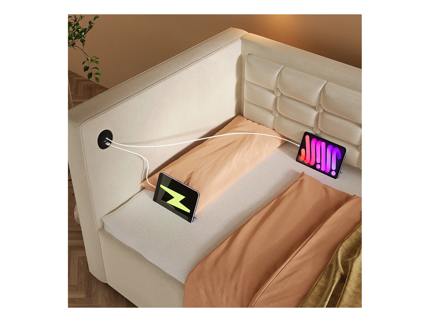 Canapé-lit avec Hydraulique, 90x200 cm, Tête de Lit en Velours, LED, Station de Charge USB + Type-C, Beige (215x106x75 cm)