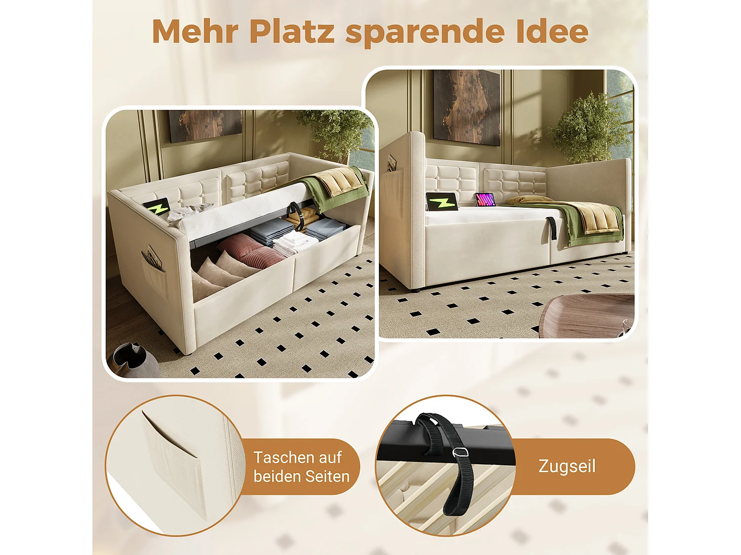 Canapé-lit avec Hydraulique, 90x200 cm, Tête de Lit en Velours, LED, Station de Charge USB + Type-C, Beige (215x106x75 cm)