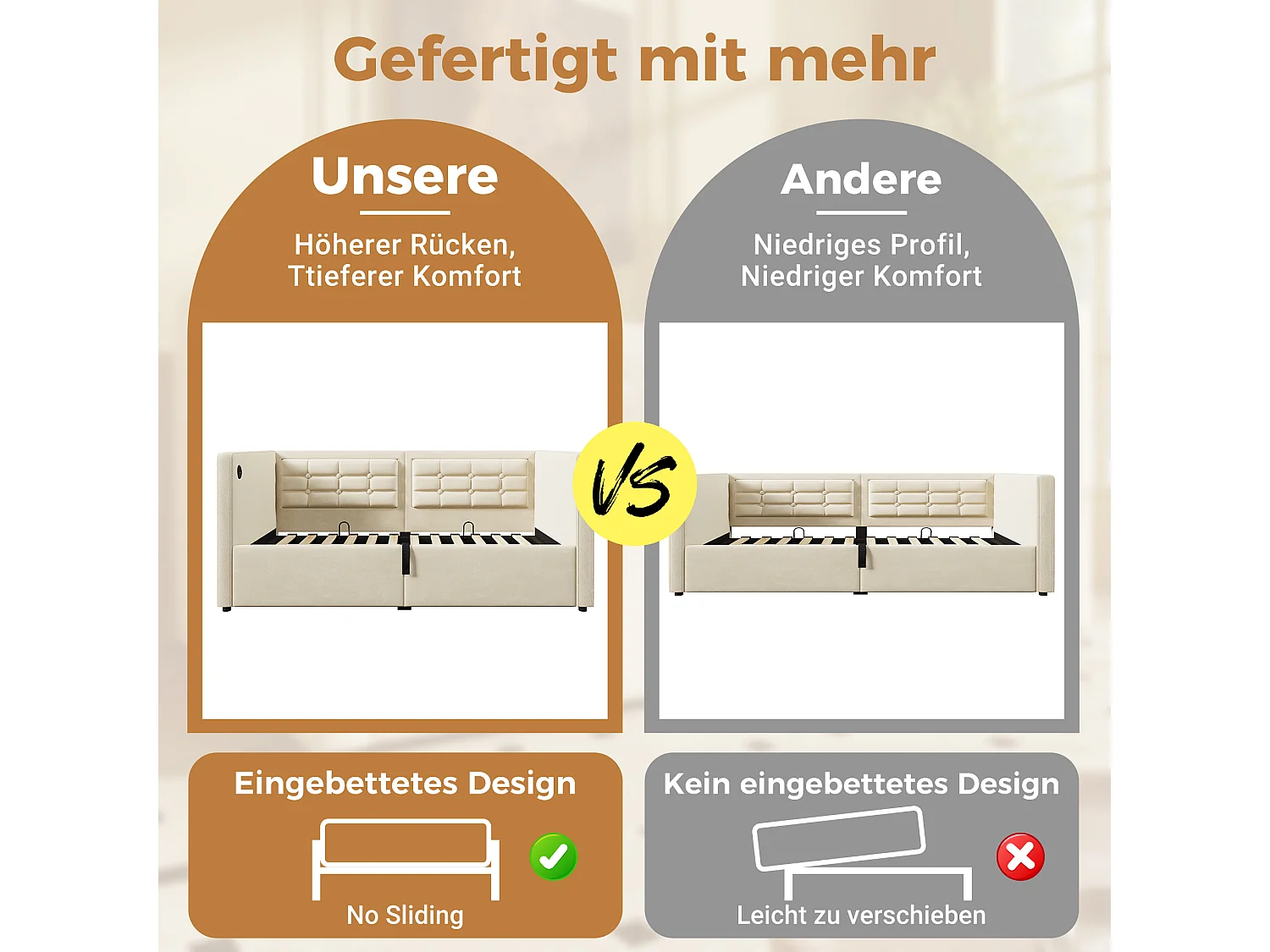 Canapé-lit avec Hydraulique, 90x200 cm, Tête de Lit en Velours, LED, Station de Charge USB + Type-C, Beige (215x106x75 cm)