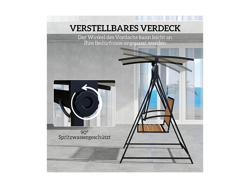 Banc balancelle 2 places avec toit réglable, chaise longue de jardin, métal, polyester, noir (142x112x162 cm)