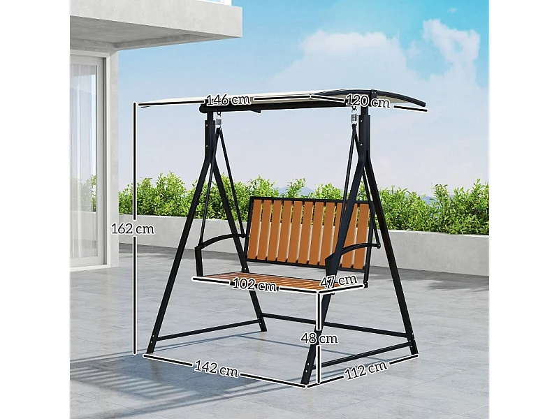 Banc balancelle 2 places avec toit réglable, chaise longue de jardin, métal, polyester, noir (142x112x162 cm)