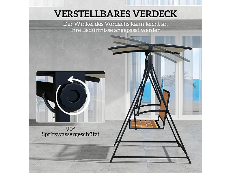 Banc balancelle 2 places avec toit réglable, chaise longue de jardin, métal, polyester, noir (142x112x162 cm)