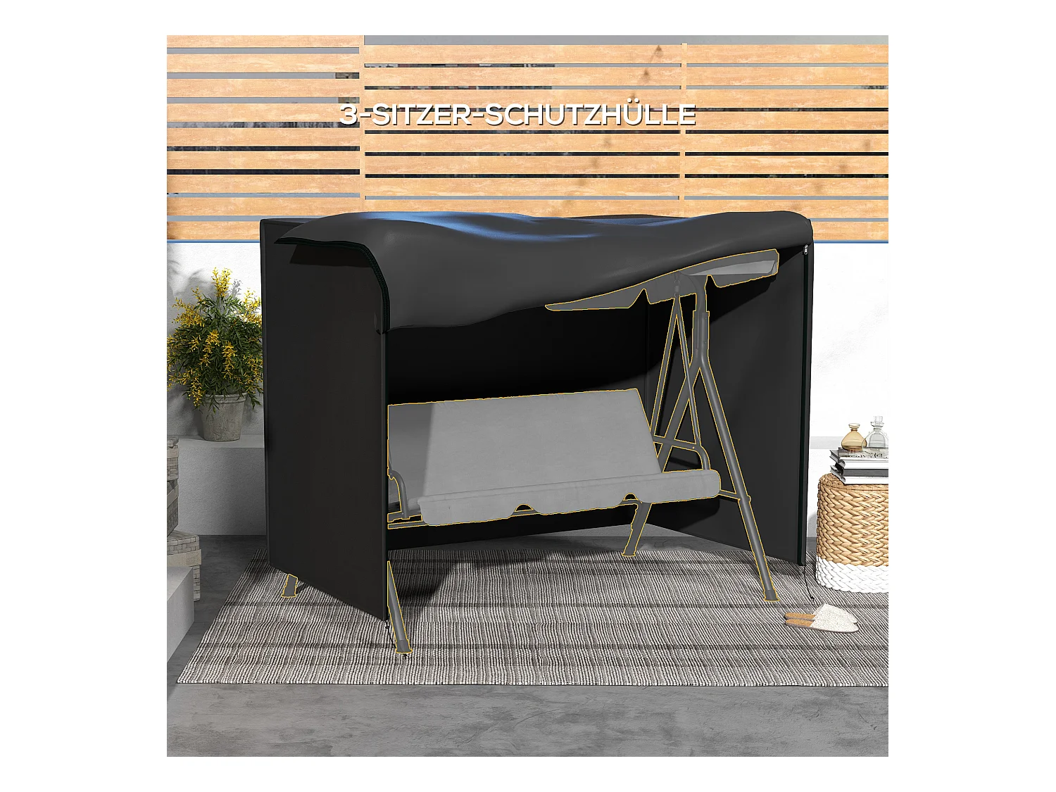 Housse de protection pour balancelle 3 places, imperméable, tissu Oxford 600D, noire (205x124x164cm)