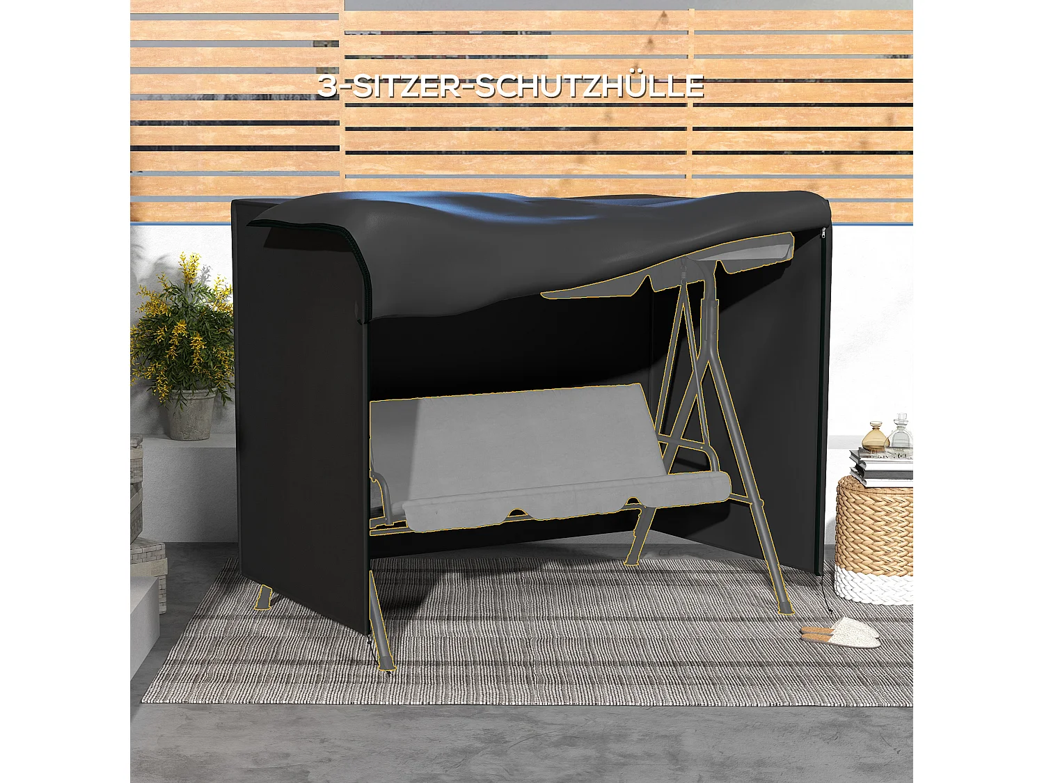 Housse de protection pour balancelle 3 places, imperméable, tissu Oxford 600D, noire (205x124x164cm)