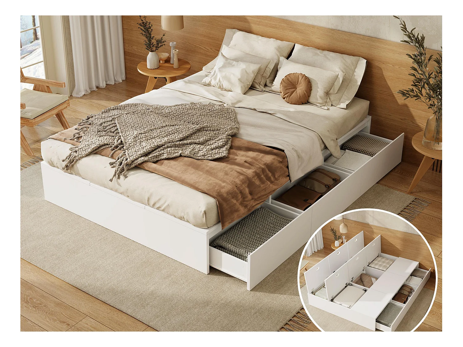 Cama doble 140×200 cm - con 3 cajones - 6 compartimentos de almacenamiento - blanco (colchón no incluido)