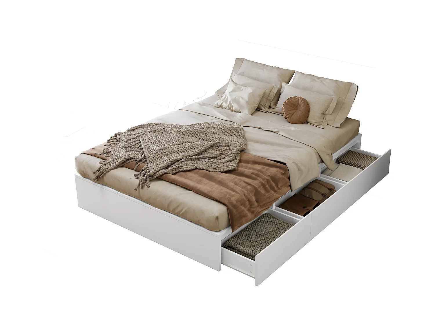 Cama doble 140×200 cm - con 3 cajones - 6 compartimentos de almacenamiento - blanco (colchón no incluido)