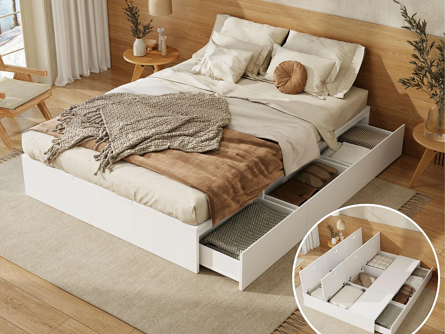 Lit double 140x200 cm - avec 3 tiroirs - 6 compartiments de rangement - blanc (matelas non inclus)