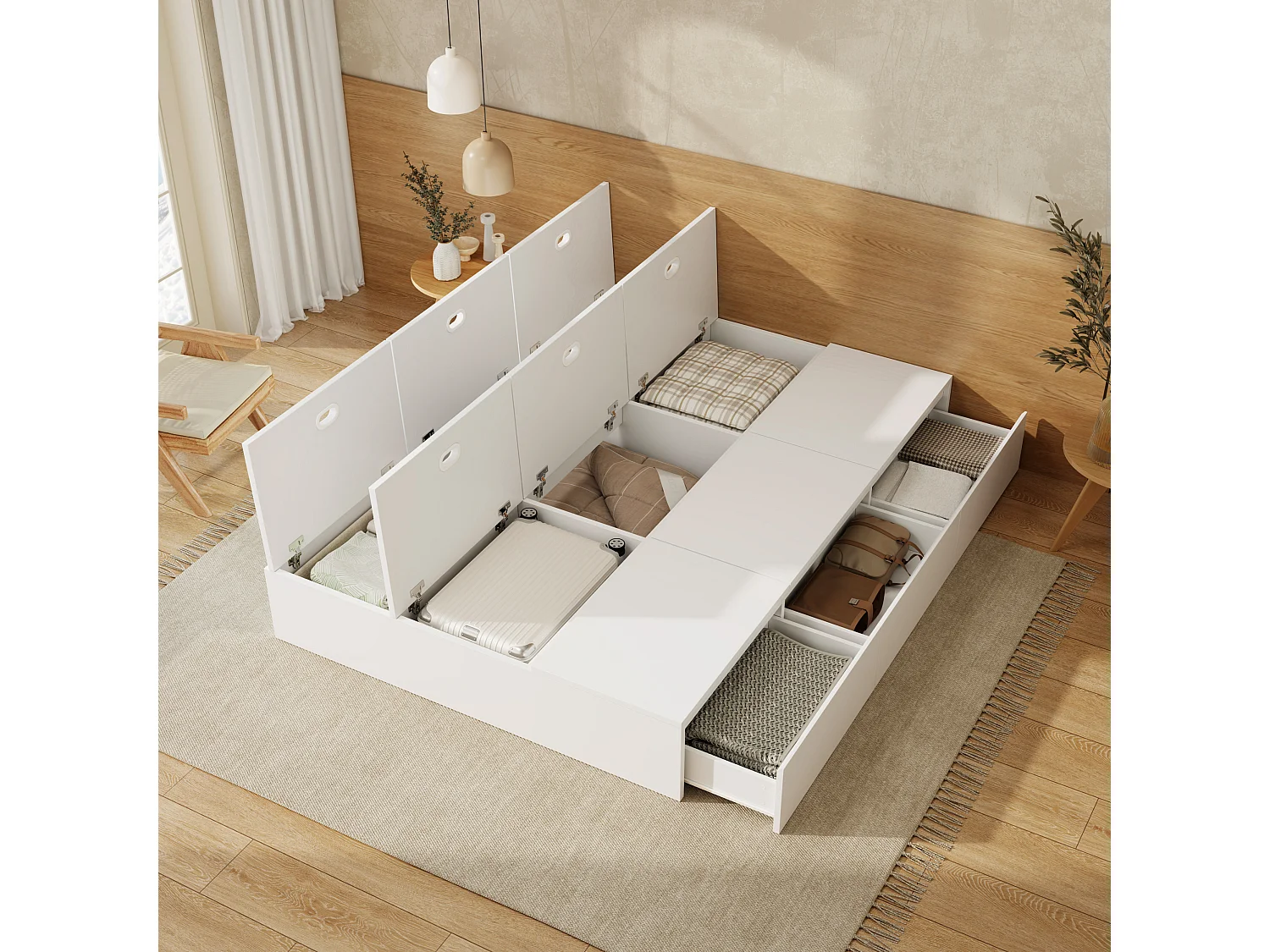 Lit double 140x200 cm - avec 3 tiroirs - 6 compartiments de rangement - blanc (matelas non inclus)