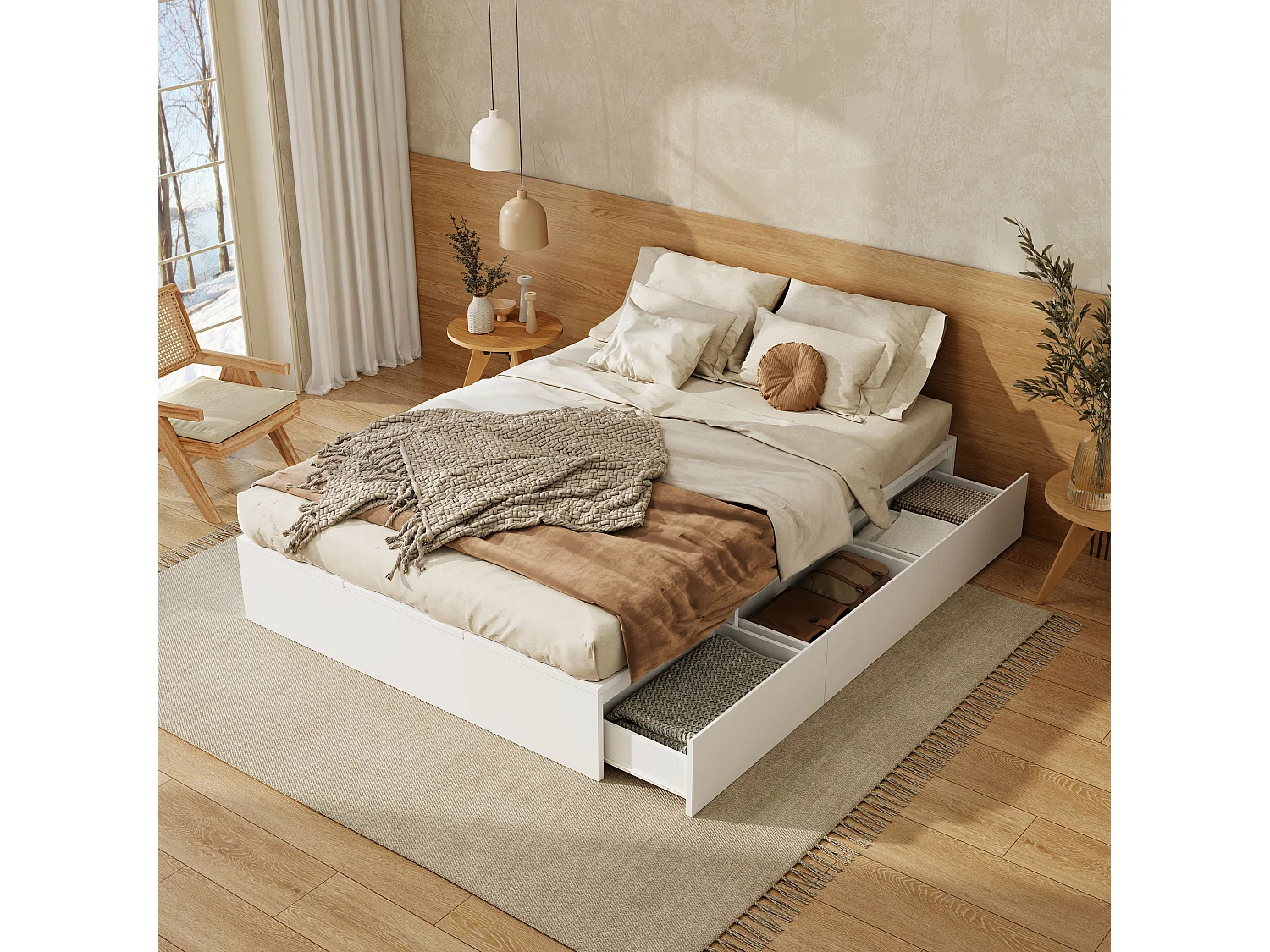 Lit double 140x200 cm - avec 3 tiroirs - 6 compartiments de rangement - blanc (matelas non inclus)