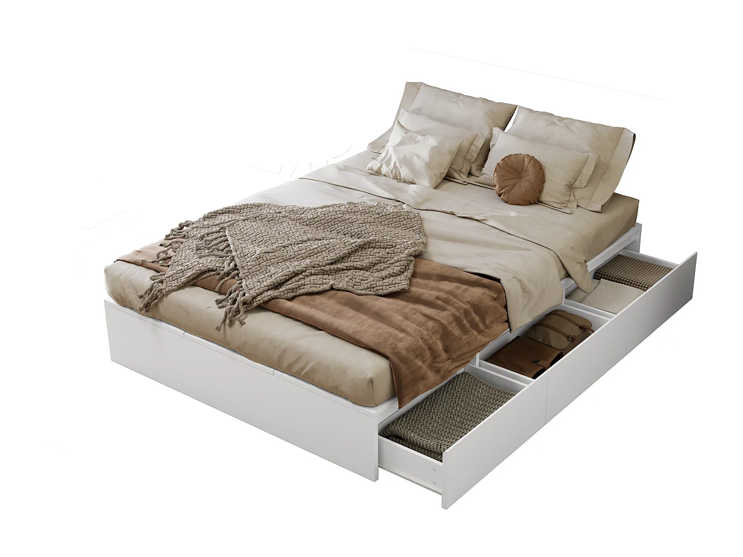 Lit double 140x200 cm - avec 3 tiroirs - 6 compartiments de rangement - blanc (matelas non inclus)