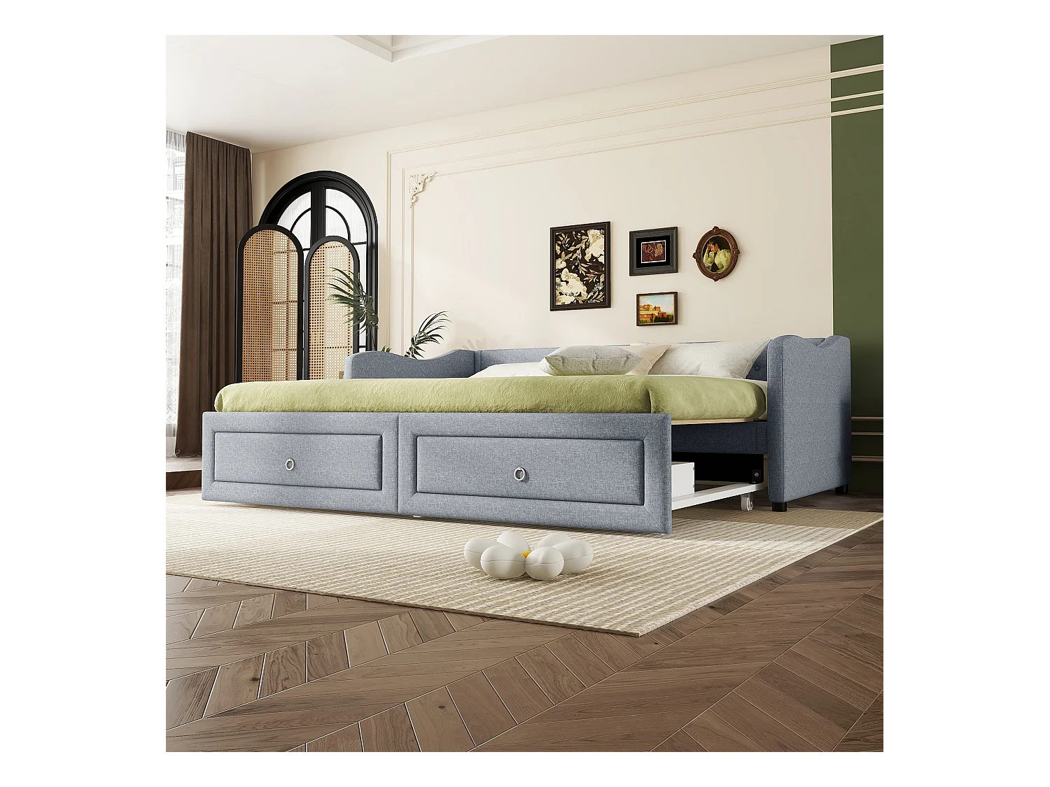 Canapé-lit 90x200cm avec lit escamotable, 2 tiroirs de rangement, design minimaliste, Lin, Gris (213x102x74 cm)