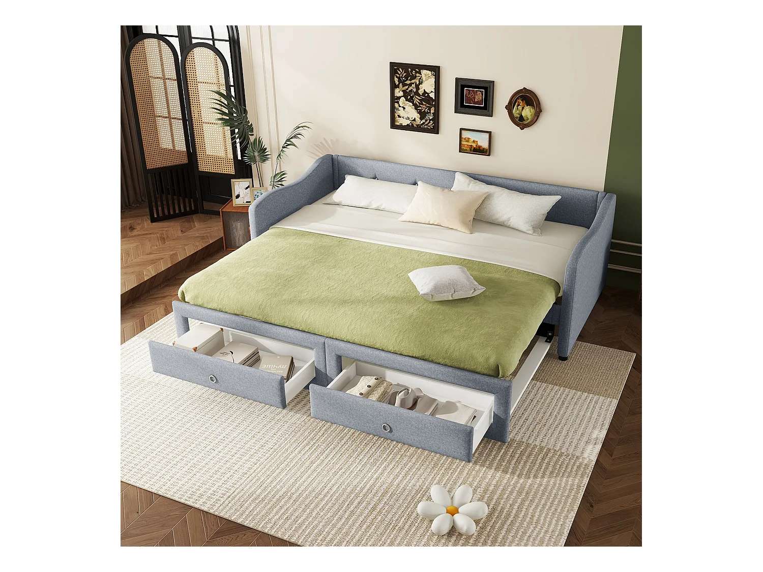 Canapé-lit 90x200cm avec lit escamotable, 2 tiroirs de rangement, design minimaliste, Lin, Gris (213x102x74 cm)