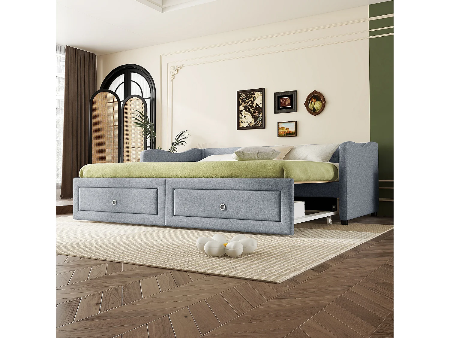 Canapé-lit 90x200cm avec lit escamotable, 2 tiroirs de rangement, design minimaliste, Lin, Gris (213x102x74 cm)