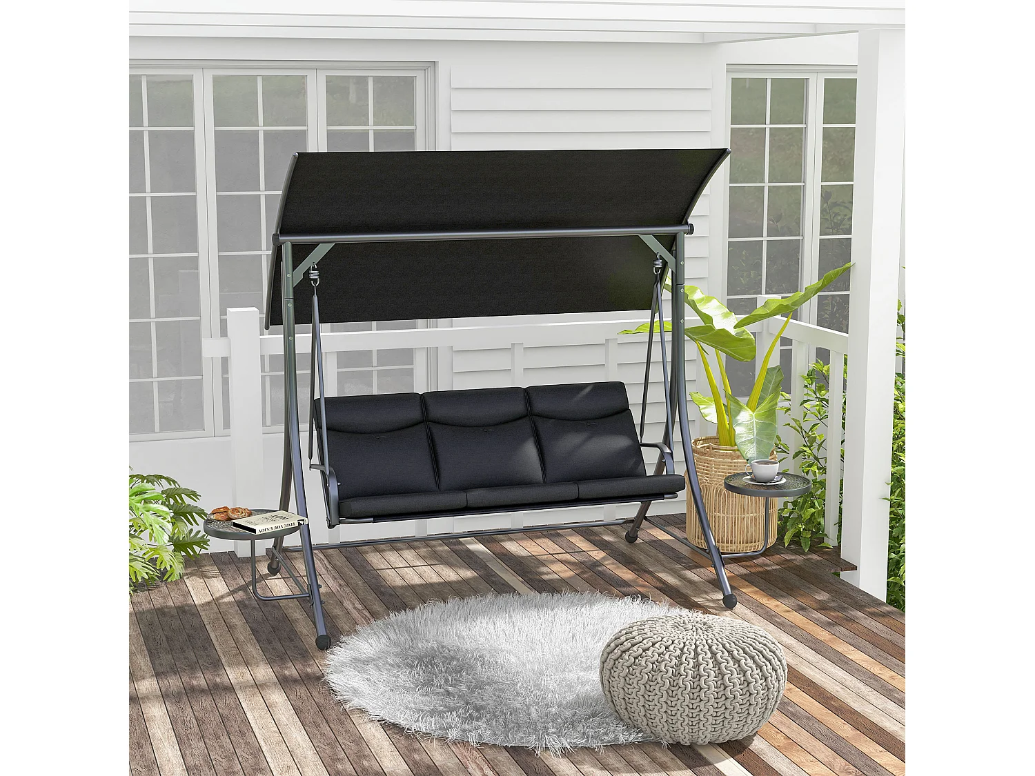 Banc Balançoire 3 Places avec Table Basse et Toit Réglable, Acier, Noir (278x135x177 cm)