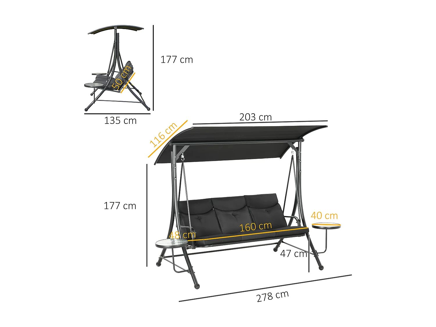 Banc Balançoire 3 Places avec Table Basse et Toit Réglable, Acier, Noir (278x135x177 cm)