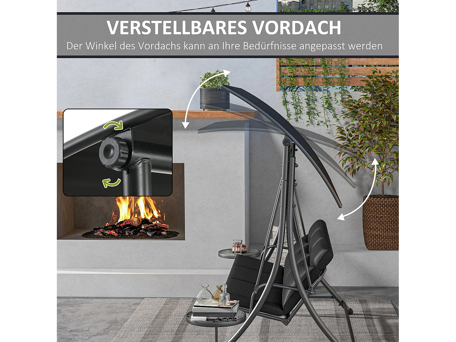 Banc Balançoire 3 Places avec Table Basse et Toit Réglable, Acier, Noir (278x135x177 cm)