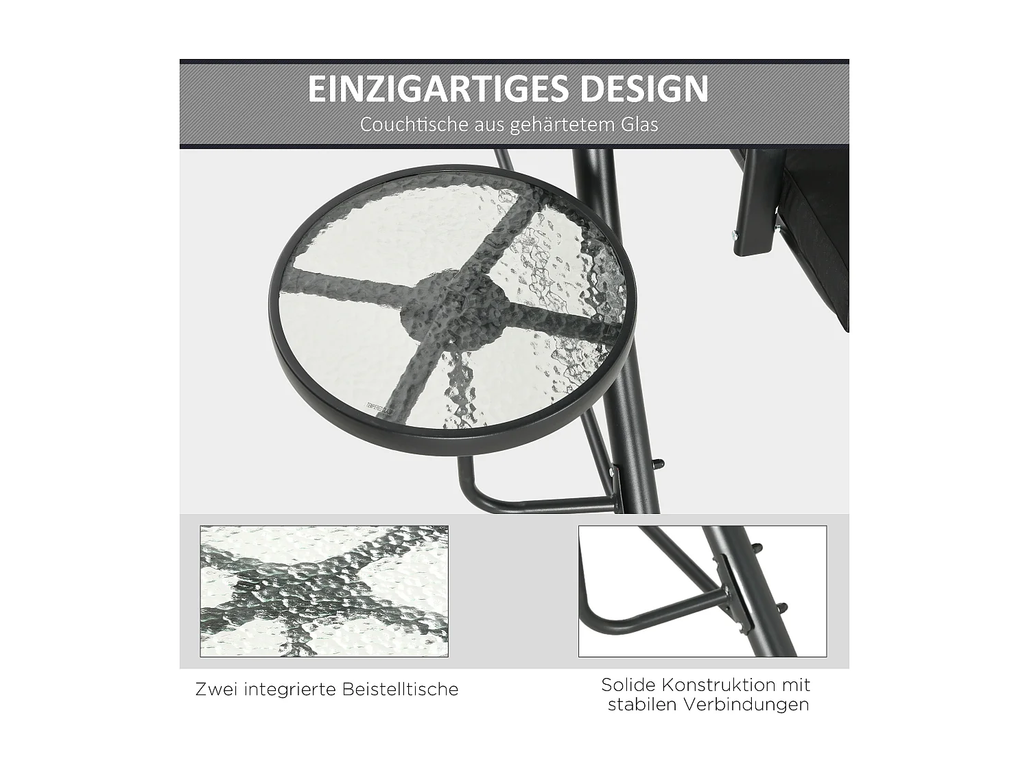 Banc Balançoire 3 Places avec Table Basse et Toit Réglable, Acier, Noir (278x135x177 cm)