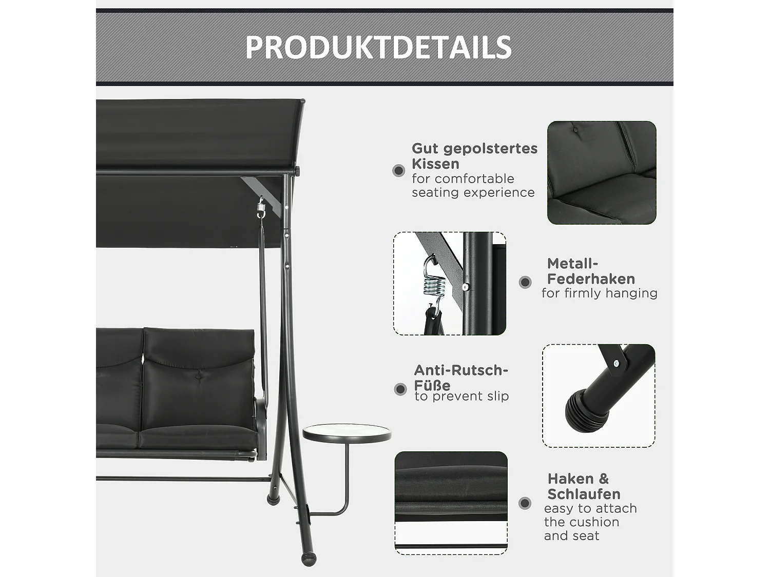 Banc Balançoire 3 Places avec Table Basse et Toit Réglable, Acier, Noir (278x135x177 cm)