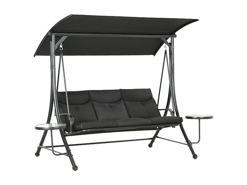 Banc Balançoire 3 Places avec Table Basse et Toit Réglable, Acier, Noir (278x135x177 cm)