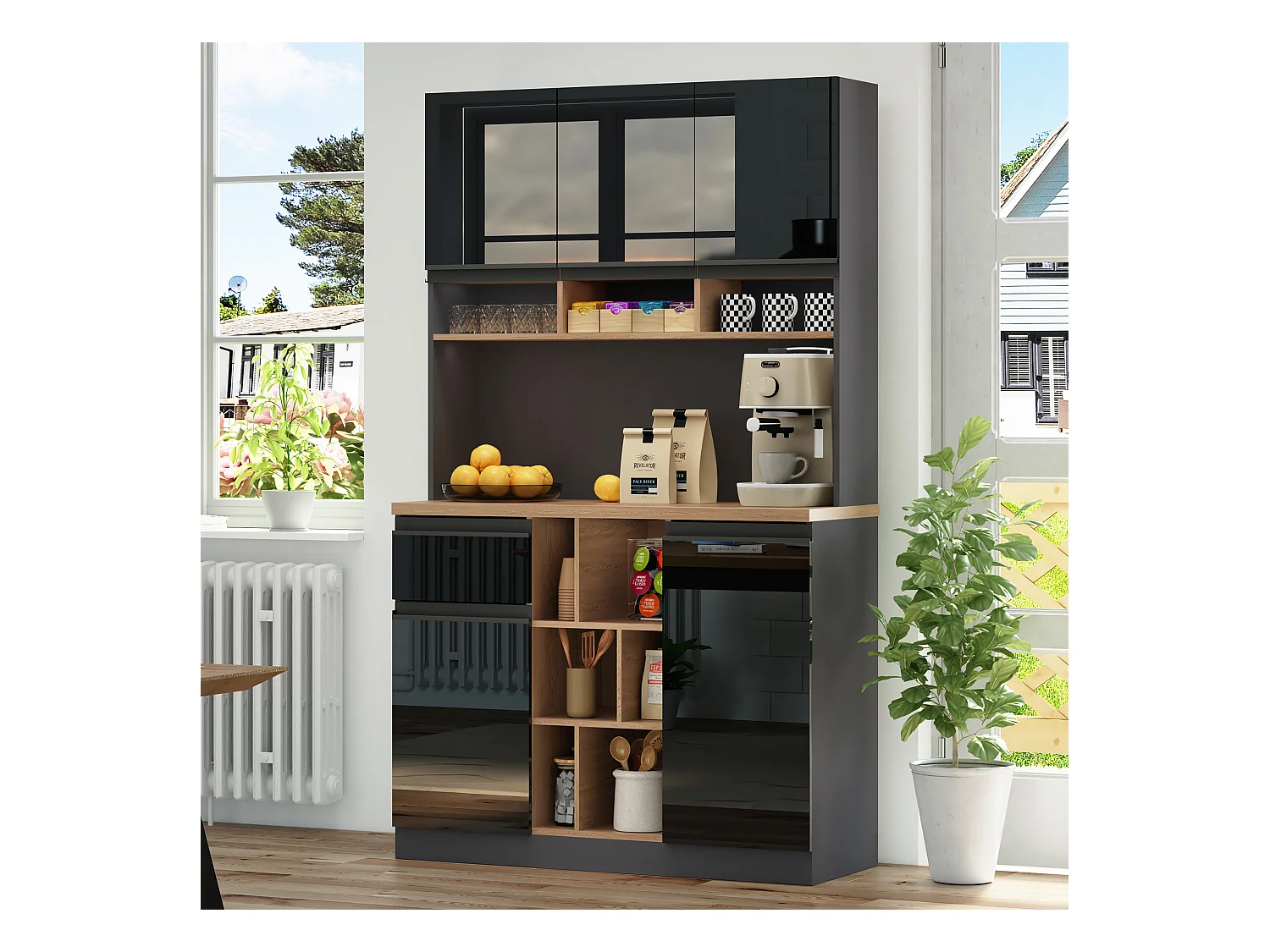 Buffet haut - 105 x 45 x 185 cm - avec étagères réglables + 1 tiroir + 3 portes - MDF - noir