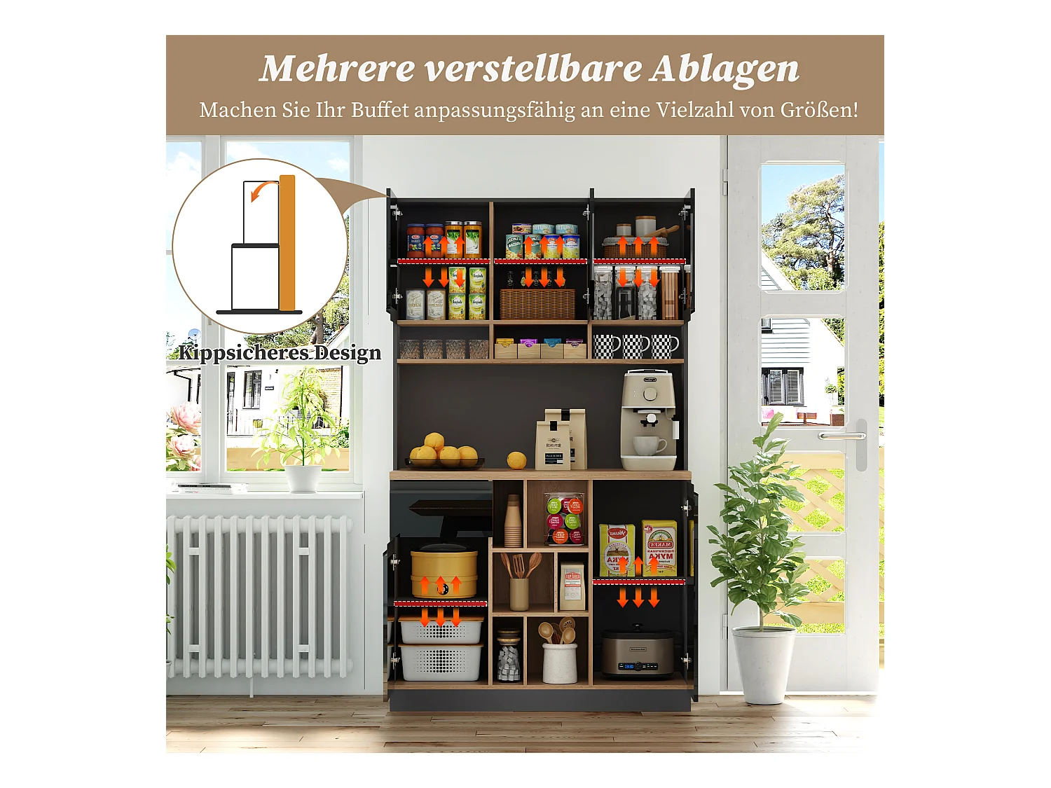 Buffet haut - 105 x 45 x 185 cm - avec étagères réglables + 1 tiroir + 3 portes - MDF - noir